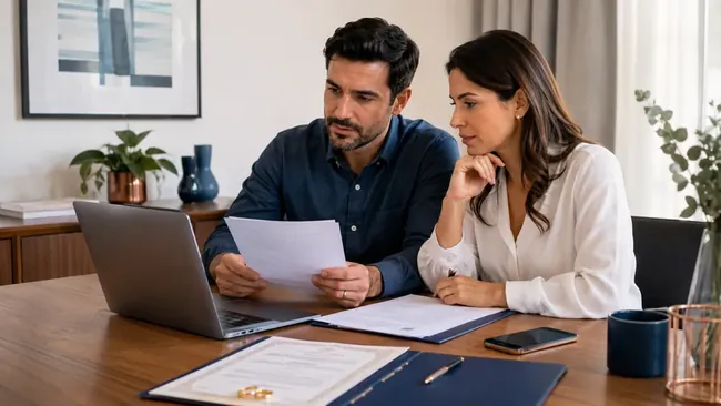 Casal analisando documentos para divórcio online com laptop e papéis organizados