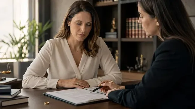 Pessoa em reunião com advogada sobre mudança de nome no divórcio e atualização de documentos