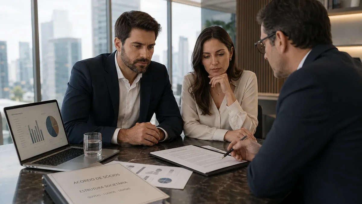 Reunião empresarial para tratar de quotas, lucros e patrimônio no divórcio