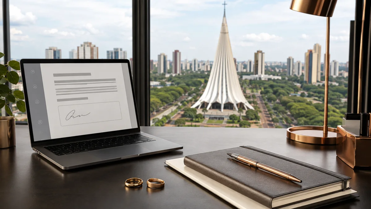 Notebook com documento eletrônico e Catedral de Maringá ao fundo