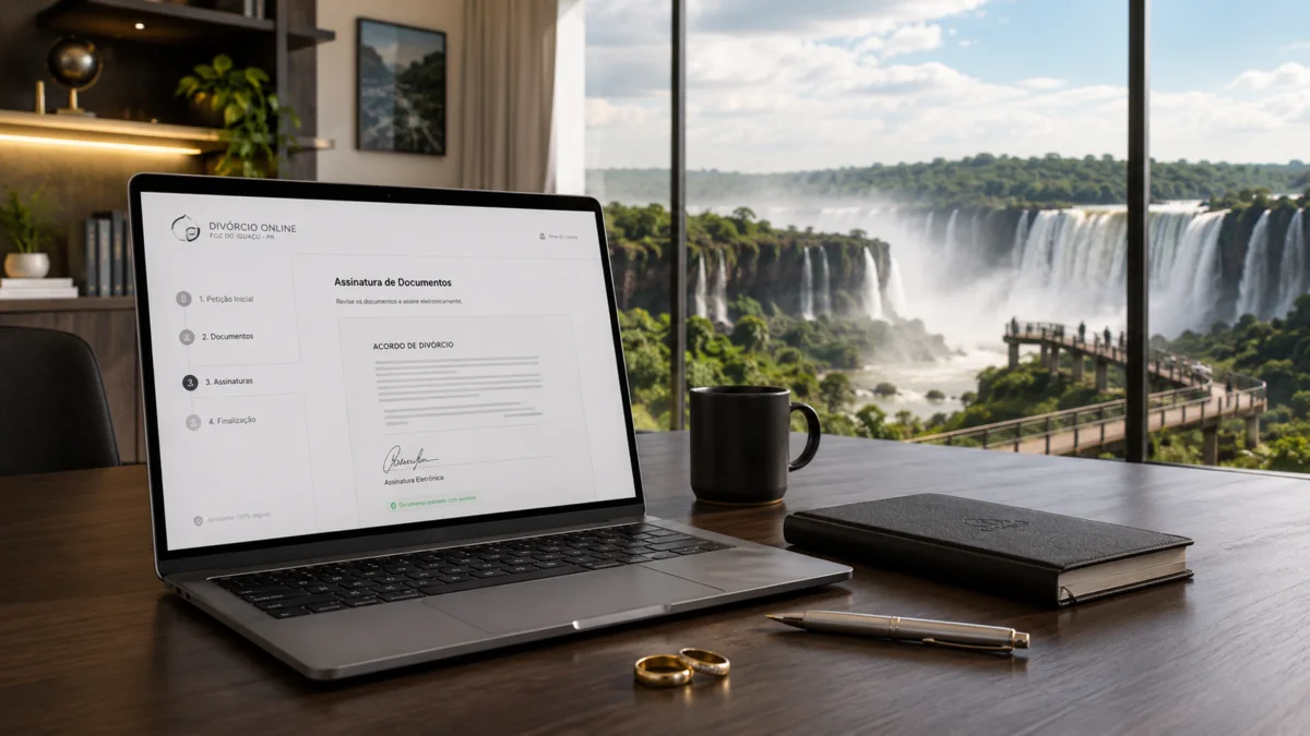 Notebook com acordo de divórcio e Cataratas do Iguaçu ao fundo