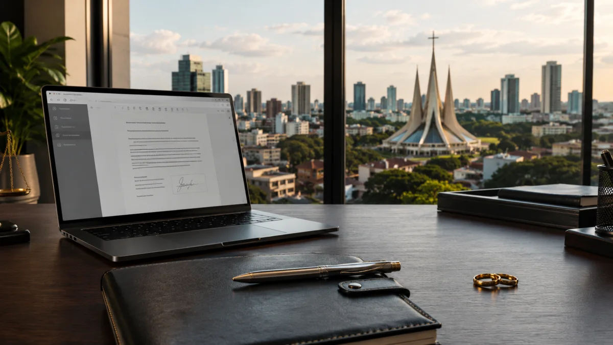 Notebook com documento digital e Catedral de Cascavel ao fundo