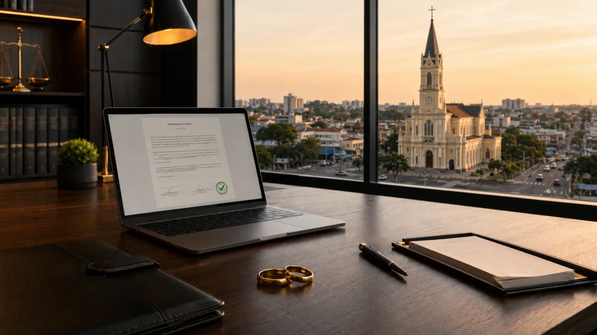 Notebook com documento de divórcio e igreja de São José dos Pinhais ao fundo