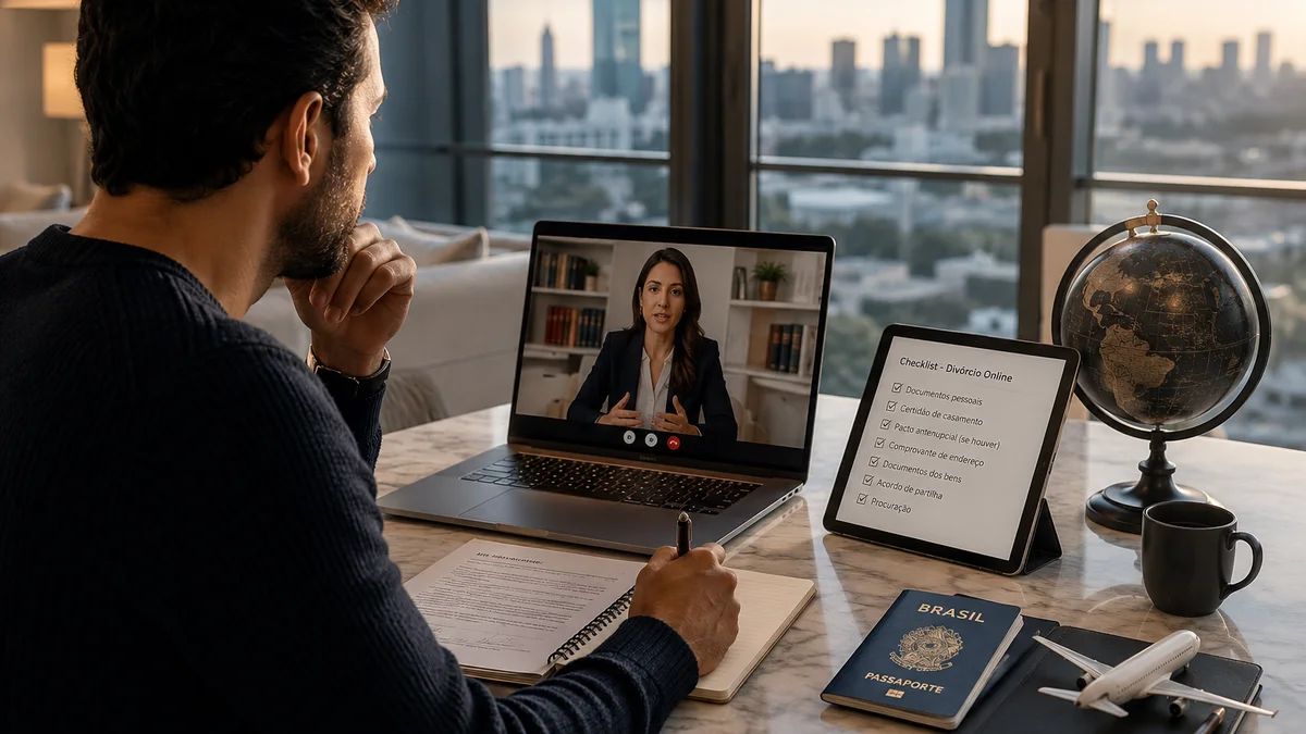 Brasileiro no exterior em consulta remota sobre divórcio online
