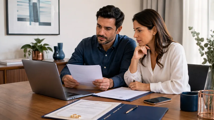 Casal analisando documentos de divórcio online em frente ao notebook
