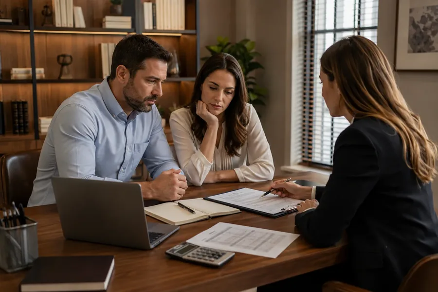 Casal recebendo orientação sobre custos do divórcio online