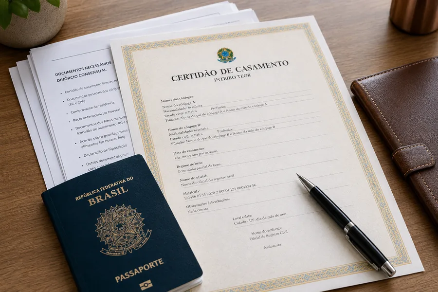 Certidão de casamento e documentos necessários para divórcio consensual organizados sobre a mesa