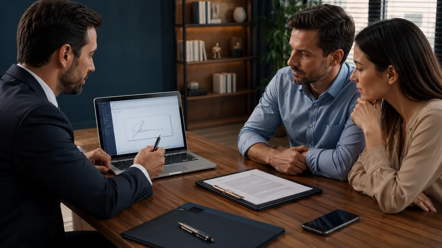 Advogado explicando assinatura digital para um casal