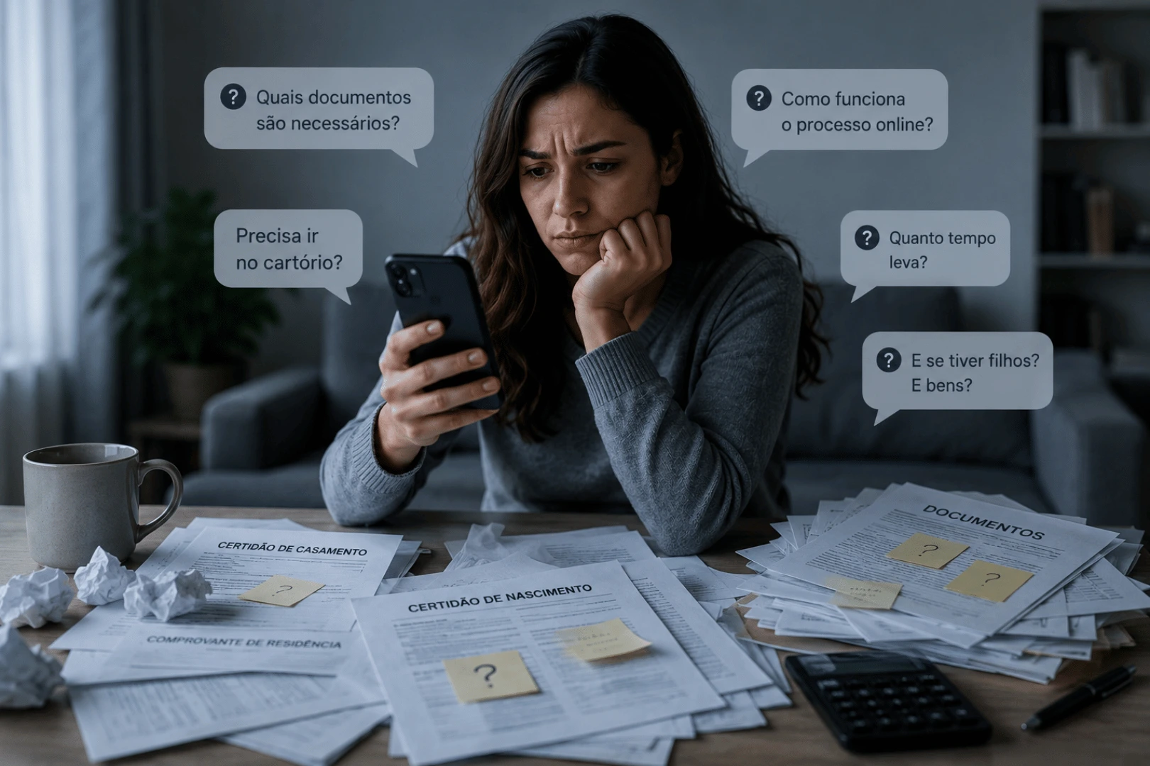 Sem orientação: pessoa pensativa diante de documentos confusos e dúvidas sobre o divórcio online.