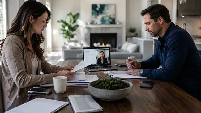 Casal em reunião séria com advogado em ambiente moderno para iniciar divórcio online
