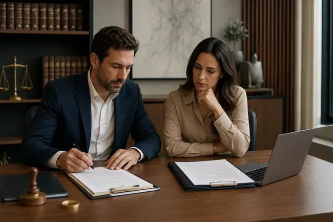 Advogado orientando casal sobre divórcio em cartório ou judicial, com documentos e notebook sobre a mesa