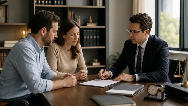Casal em atendimento jurídico sobre divórcio sem bens, com documentos simples sobre a mesa
