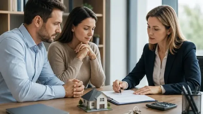 Reunião sobre divórcio com imóvel financiado, contrato de financiamento e documentos imobiliários