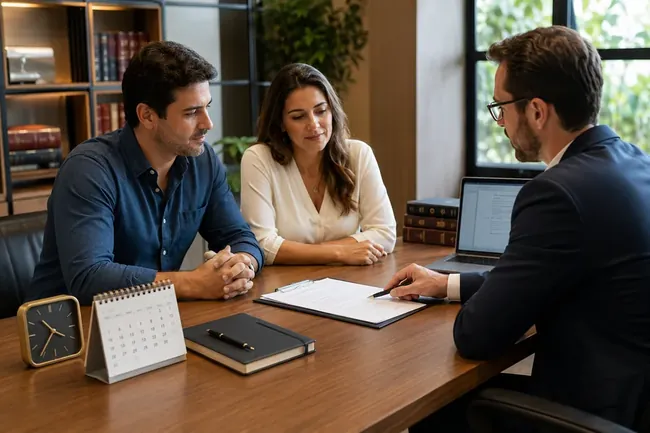 Casal em reunião com advogado sobre prazo do divórcio consensual, com calendário, relógio, documentos e notebook sobre a mesa