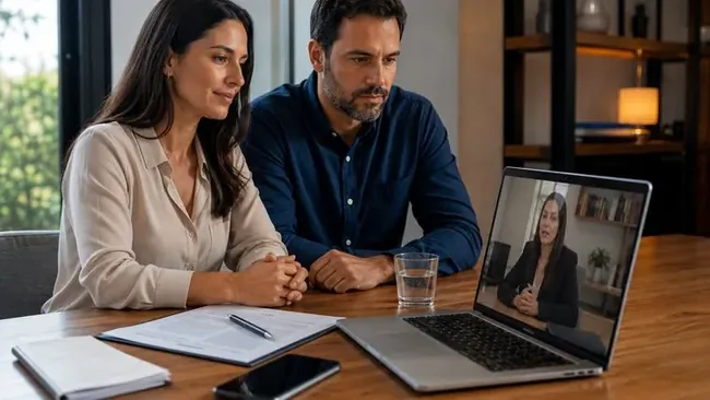 Atendimento jurídico digital seguro para divórcio online, com notebook e documentos organizados