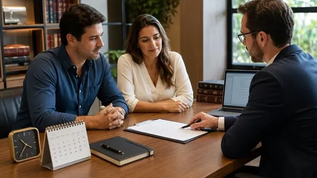 Casal em reunião com advogado sobre divórcio online em Curitiba, com documentos e notebook sobre a mesa